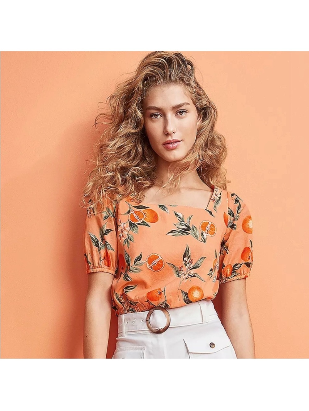 LOFT Orange Floral Square-Neck Puff Sleeve Top L NWT